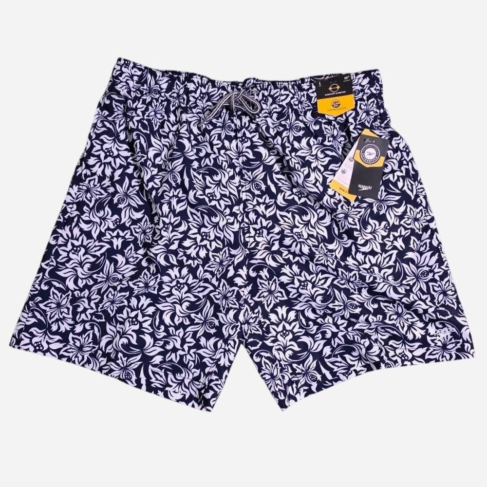 NEW SPEEDO Mens Swim Trunks Floral Blue & White Shorts Elastic Waist Sz Large